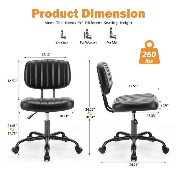 dimension image slide 0 of 3, Armless Home Office Desk Chair, PU Leather Low Back Task Chair with Wheels, Adjustable Height 360° Rolling Vanity Chairs - N/A