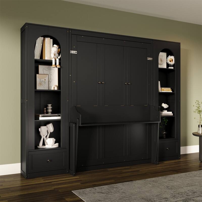Queen Size Murphy Bed Wall Bed with LED Light, 2 Drawers and Side Cabinets, Foldable Murphy Cabinet Bed with Storage Shelves