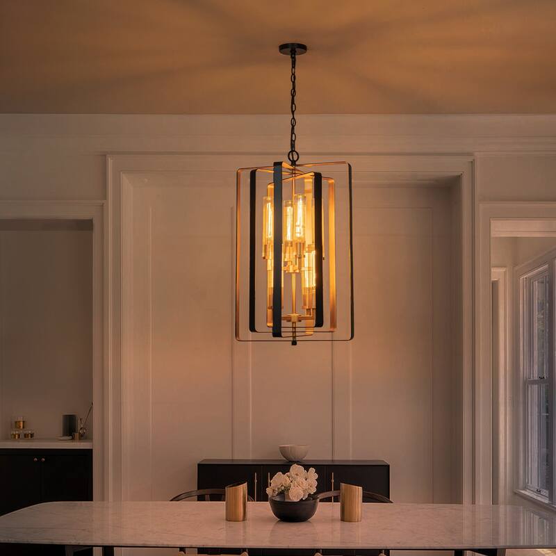 19.7" 8-Light Modern Black Gold Pendant Light with Ribbed Glass Tubes - Dia.19.5-in