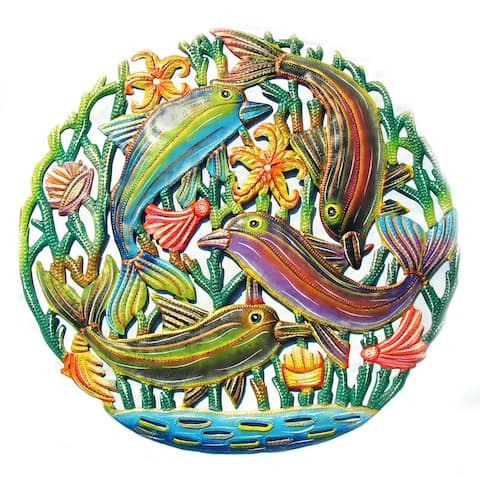 Handmade Coastal Nature Painted Playful Dolphins Recycled Steel Wall Art