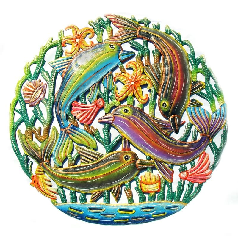 Handmade Coastal Nature Painted Playful Dolphins Recycled Steel Wall Art