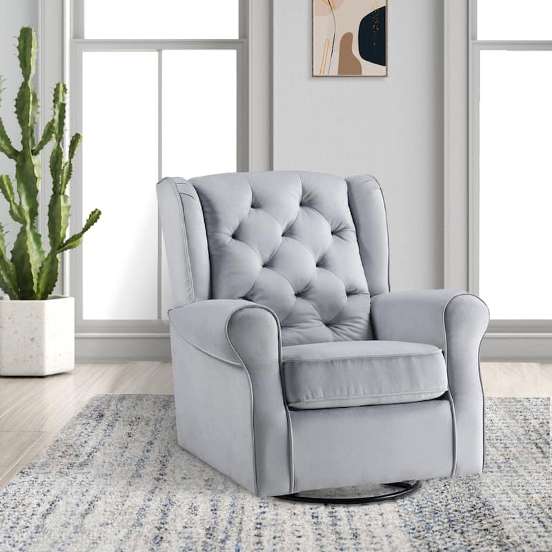 35 Inch Accent Swivel Chair, Glider, Tufted Back, Grey - 35 L x 34 W x 37 H Inches - Grey