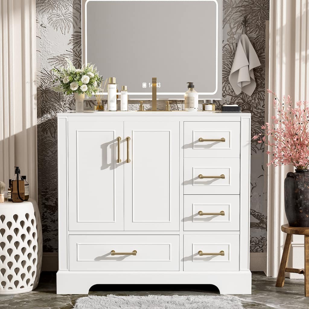 GDFStudio - Altair 36" Traditional Bathroom Vanity with Ceramic Sink, 2 Soft-Close Doors & 4 Drawers