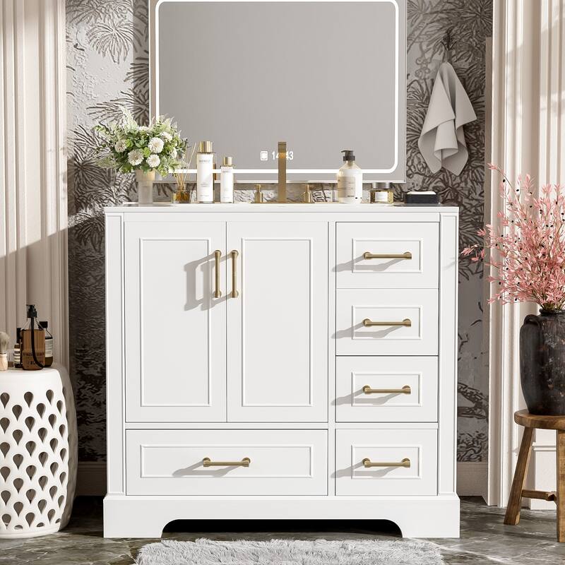 GDFStudio - Altair 36" Traditional Bathroom Vanity with Ceramic Sink, 2 Soft-Close Doors & 4 Drawers