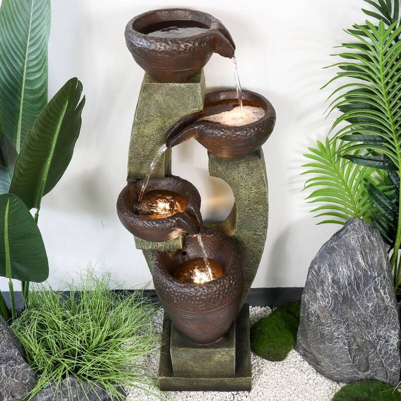 Outdoor Water Fountain with Light, 40'' Resin Water Feature
