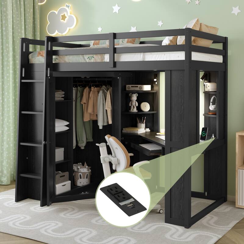 Twin Loft Bed with Integrated Wardrobe, Desk, Charging Station & Spotlights - Black - Twin