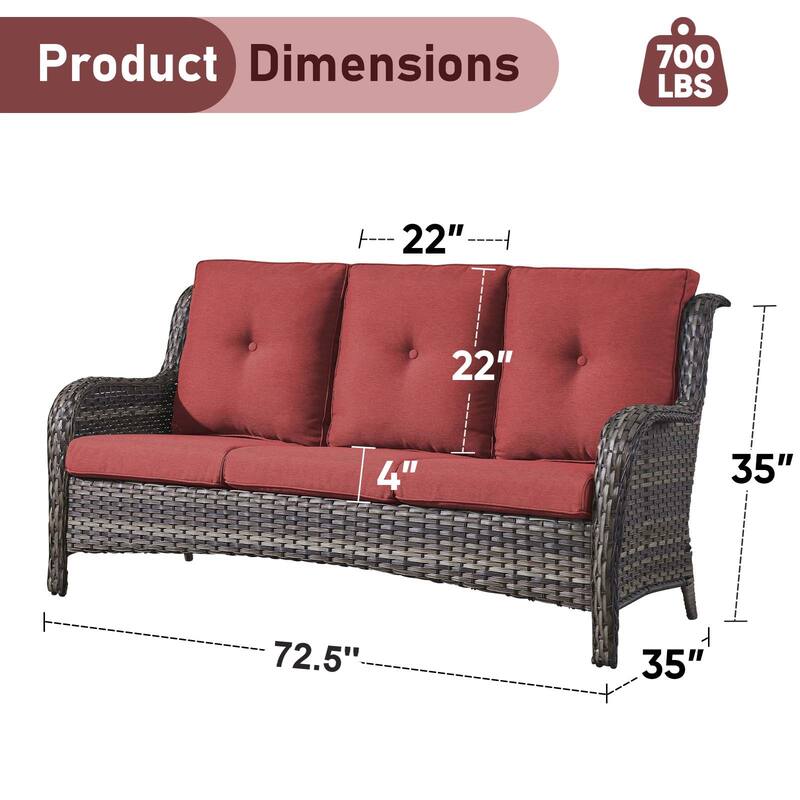 Pocassy 3-Seat Sofa Wicker Sofa Grey-Red - Grey