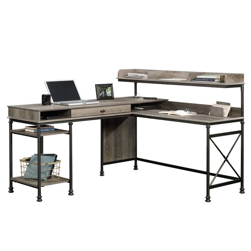 Engineered Wood Industrial L-Shaped Desk with Built-In Usb Ports And Grommet Holes, Brown
