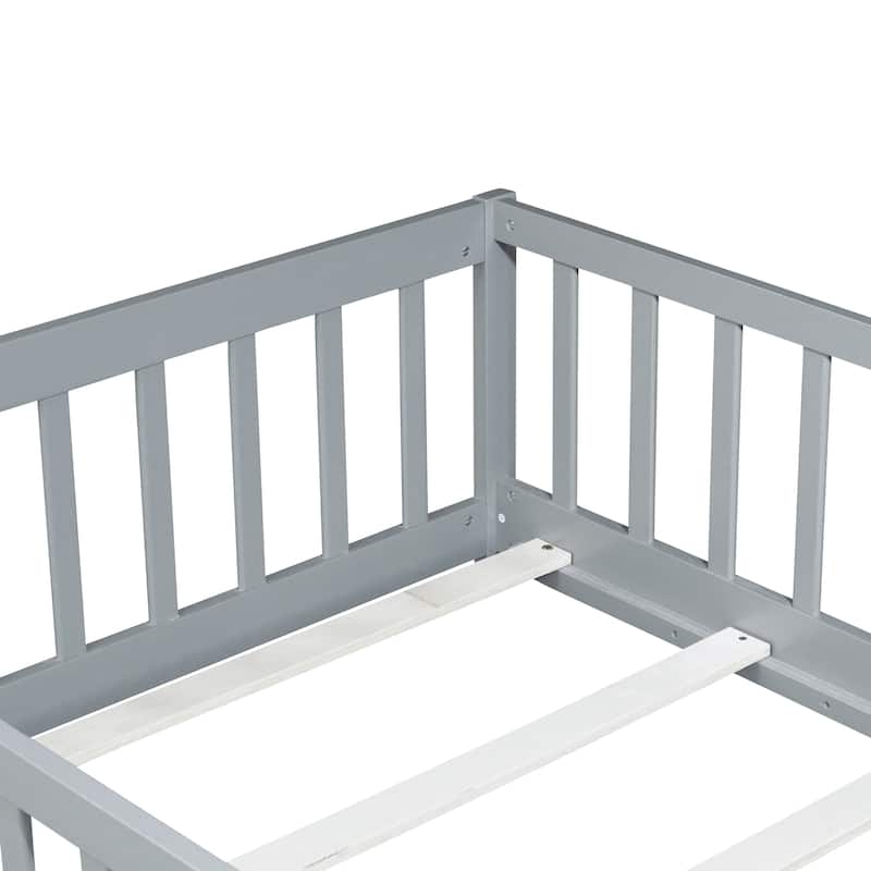 Rubber Wood Twin Size Floor Bed with Fence without Door