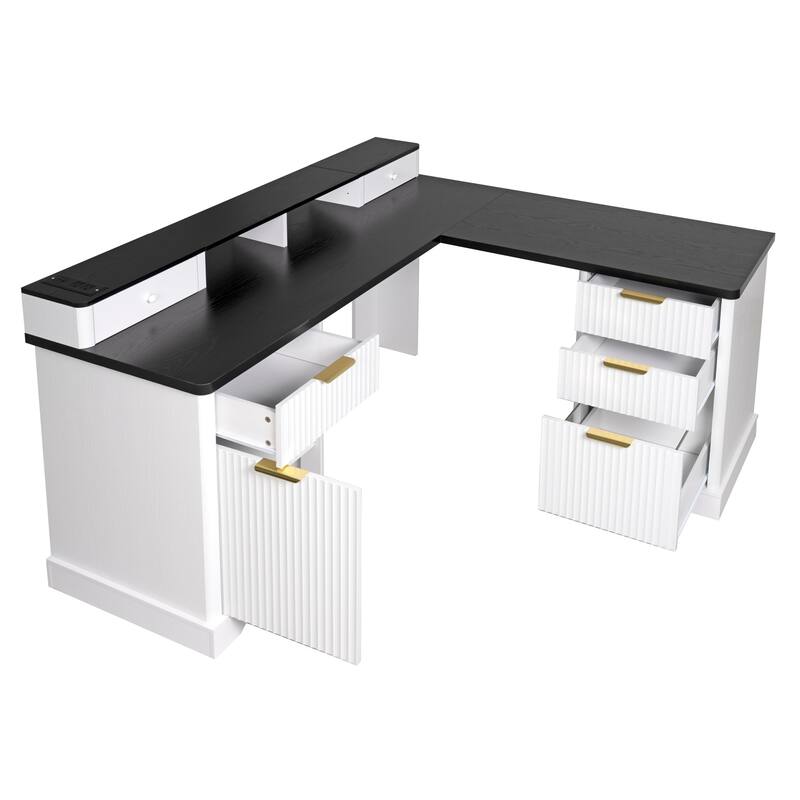 Roomfitters 59" Modern Fluted L-Shaped Desk with Charging Station, Monitor Stand & File Drawer