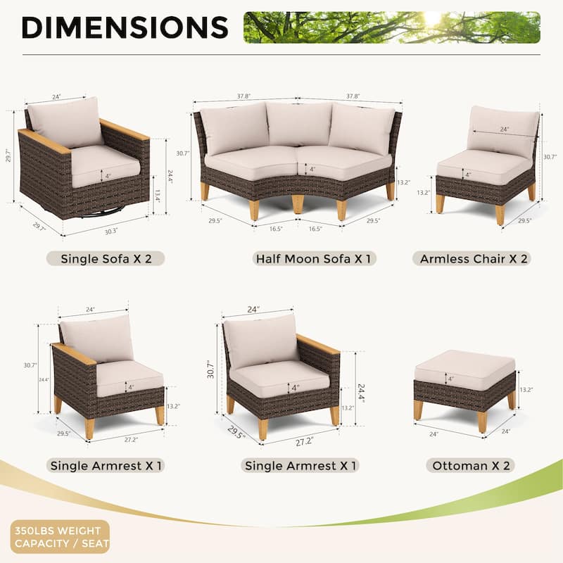 10 Piece Patio Wicker Rattan Furniture Set, Half-Moon Rattan Conversation sets with 2 X Swivel Chair Sofa and Firepit Table