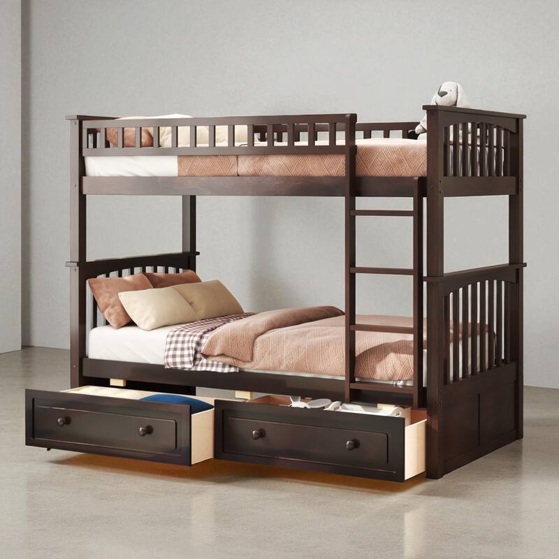 Twin Over Twin Convertible Bunk Bed with Storage Drawers, Fence Guardrail, Solid Wood Frame, No Box Spring Needed