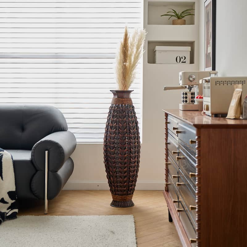 39-Inch Tall Hand-Woven Bamboo Floor Vase - For Dried Or Silk Flower Arrangements