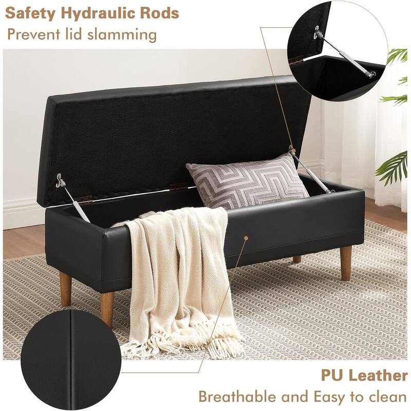 VECELO Black PU Leather Storage Bench 2 Styles with 4-Leg/Angled Legs Multifunctional Ottoman with Hinged Lid for Bedroom