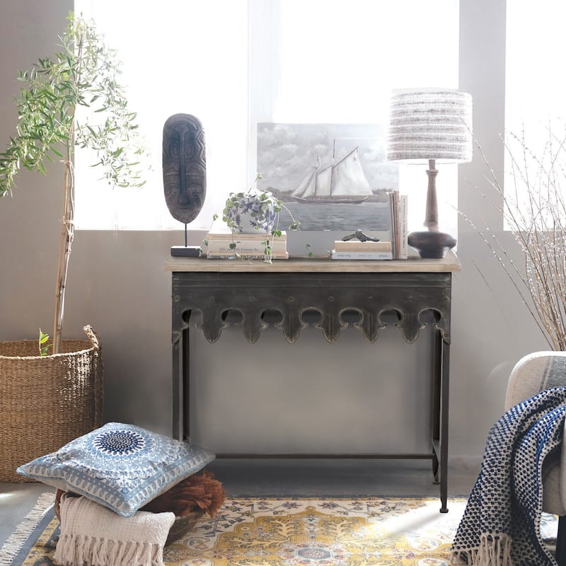 Zinc-Finished Metal and Wood Scalloped Edge Sofa Table - Grey
