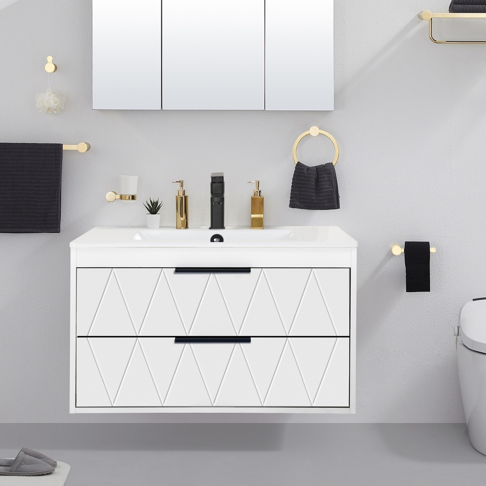 Pvillez 30 inch Bathroom Vanity with Sink Combo, Wall Mounted Bathroom  Vanity Set with White Glossy Ceramic Basin & Adjust Open Shelf, Modern  Floating