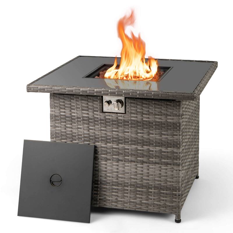 Costway 32.5" Propane Fire Pit Table Outdoor Wicker Gas Firepit with - See Details - Grey