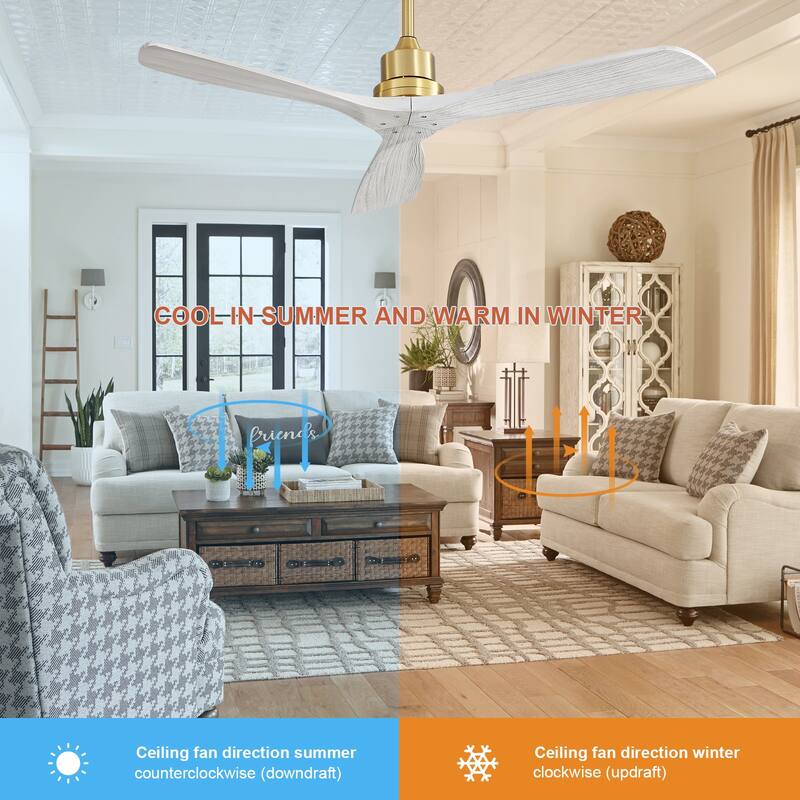 52''/60" Large Ceiling Fan without Lights, Remote Control and Reversible Motor Included, 3 Wood Blades