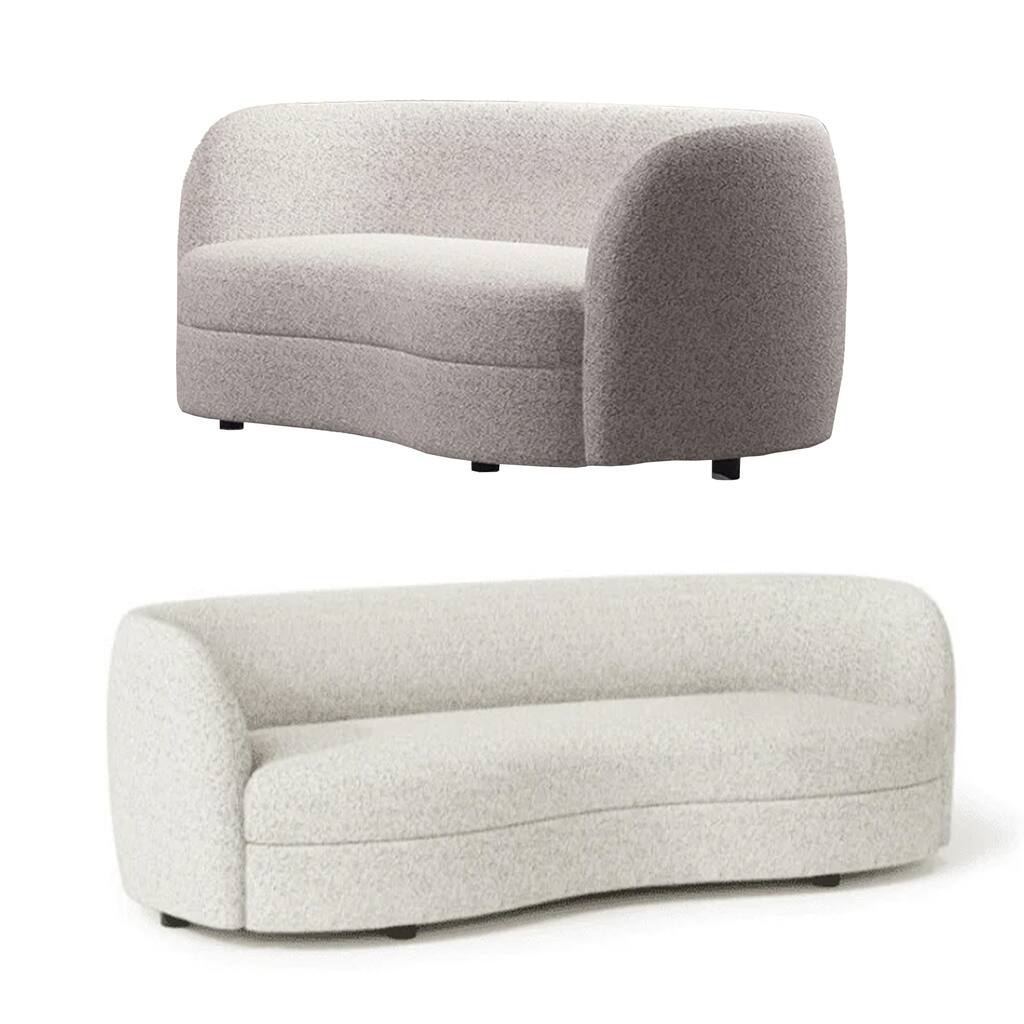 Srey 2pc Sofa and Loveseat Set, White Boucle, Curved Kidney Shape