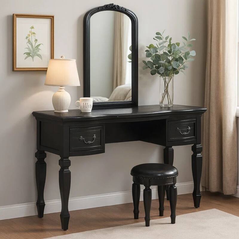 3 Piece Vanity Set with Carved Mirror and Turned Legs, Black