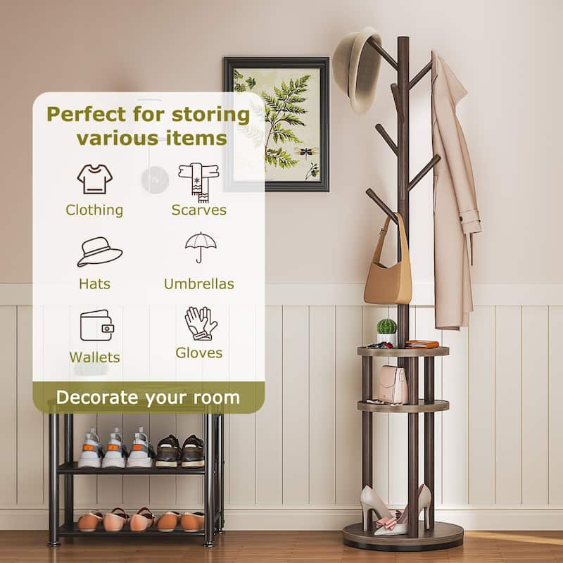 VECELO Modern Freestanding Coat Rack with 6 Branch Hooks Double Shelves, and Shoe Storage for Entryway Living Room Bedroom