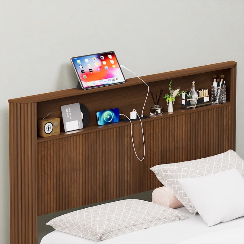 Full XL/Queen Bed Frame with Storage Headboard, USB Charging Station, Noise-Free Metal Platform with Curved Design