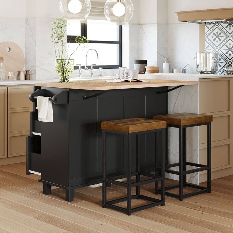 TOPMAX Kitchen Island Set with Drop Leaf and 2 Seatings, Dining Table Set with Adjustable Shelf, Drawers and Towel Rack - Black