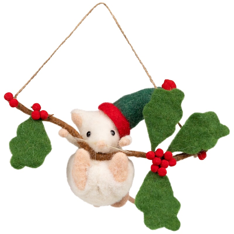 Holly and Berry Mouse Christmas Hanging Decoration - 9" - Green and Ivory