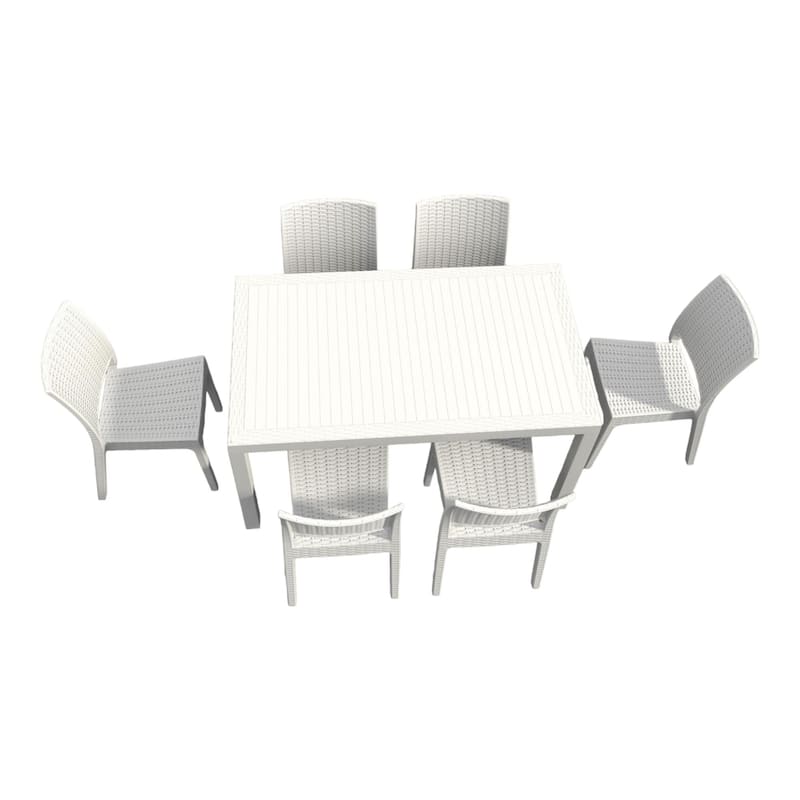 7 Piece White Outdoor Patio Wickerlook Dining Set 55"