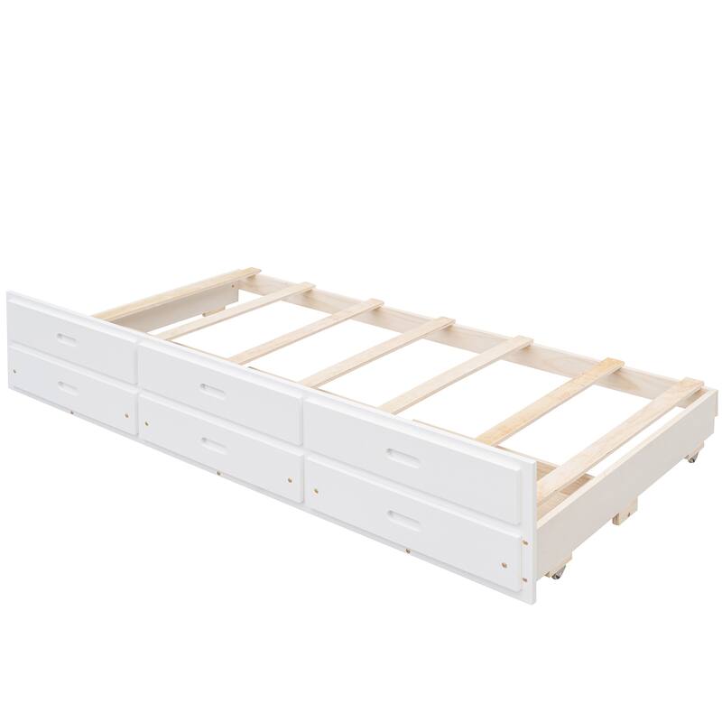 Twin-Over-Full Bunk Bed with Trundle and 3 Drawers, Playhouse-Inspired Design