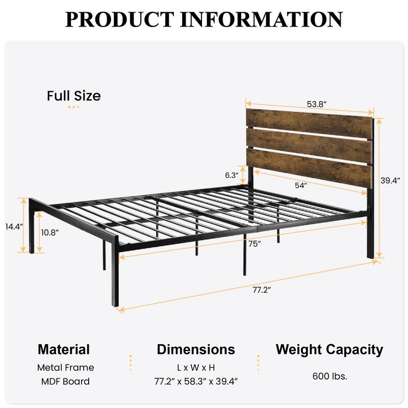 Rustic Style Platform Bed Frame Full Size with Wood Headboard, Strong Metal Slats Support, Easy Assembly, Dark Brown