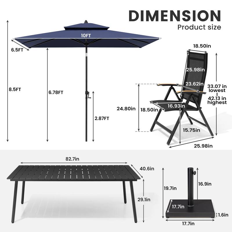 9/11-Piece Outdoor Aluminum Patio Dining Set w/10 ft Umbrella and Base, Rectangle Table and Folding Chairs
