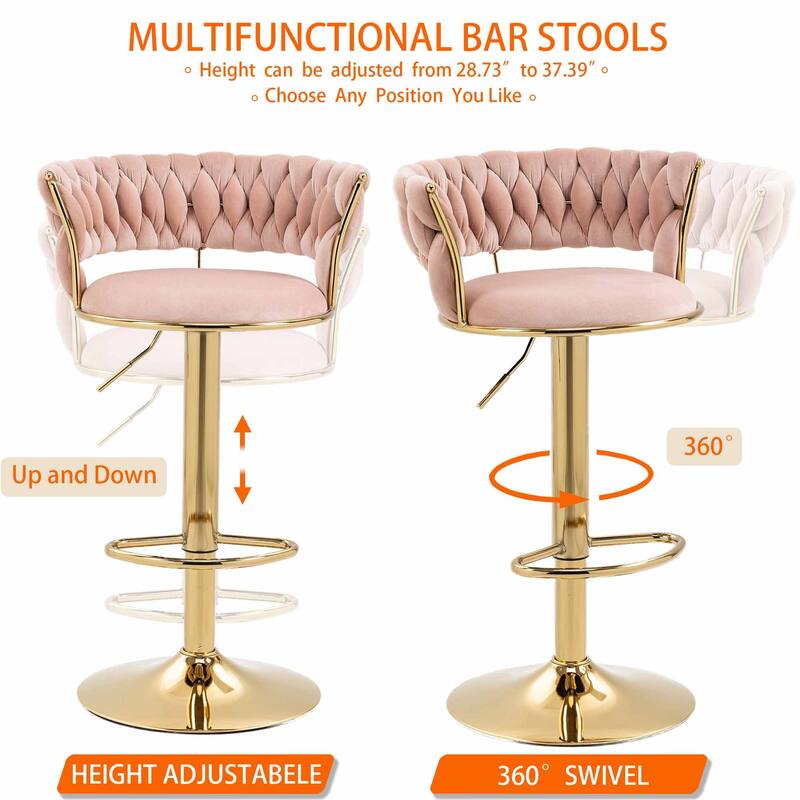 HOMEFUN Velvet Adjustable Height Swivel Armless Bar Stools With Golden Footrest(set of 2)