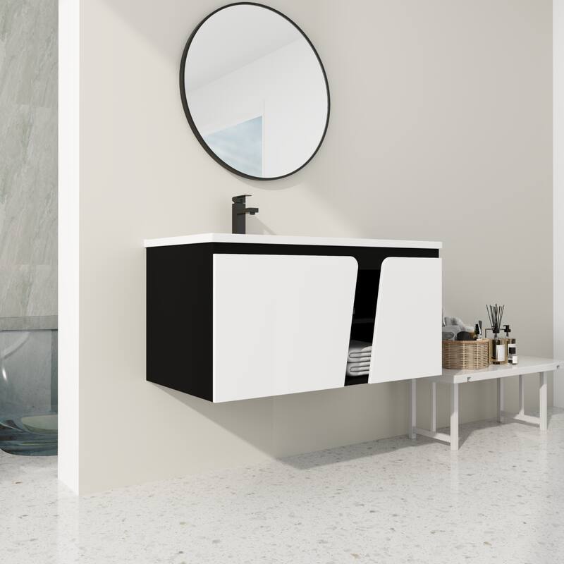 Wall-Mounted Bathroom Vanity with Soft-Close Doors, Ceramic Sink, Eco-Friendly Plywood Cabinet, Ample Storage - 39.6in L Plywood