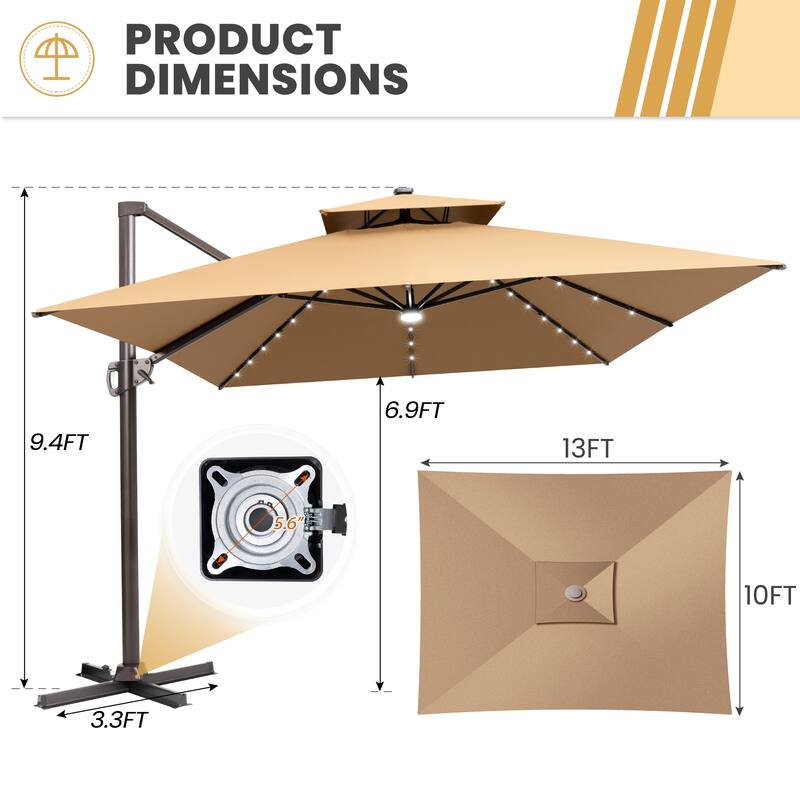13 x 10 ft Outdoor Solar Powered LED Patio Cantilever Umbrella