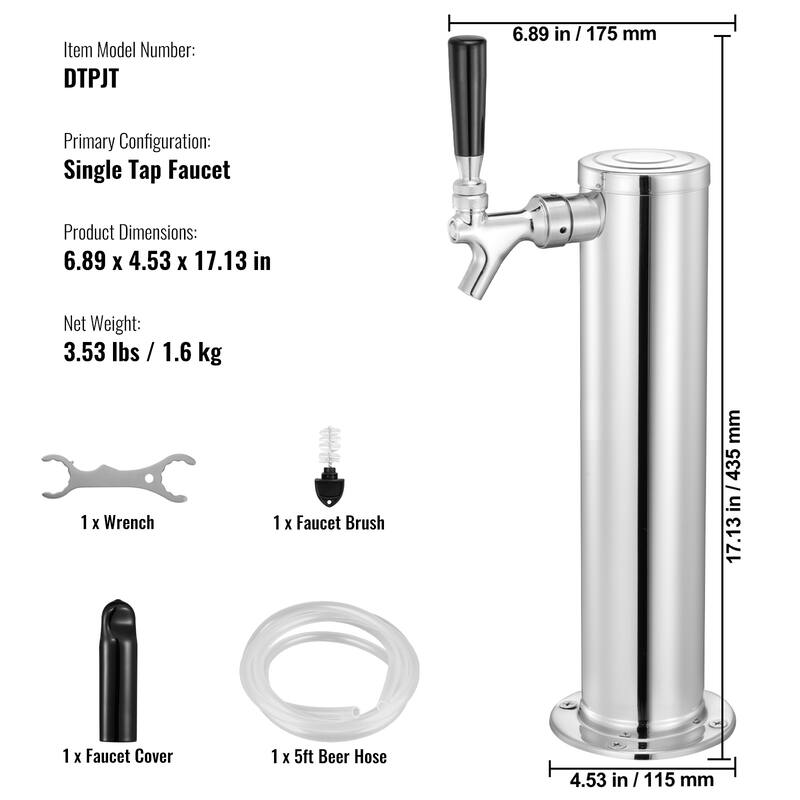 Draft Beer Tower Dispenser, Stainless Steel Keg Beer Tower, Kegerator Tower Kit with Pre-Assembled Tubing
