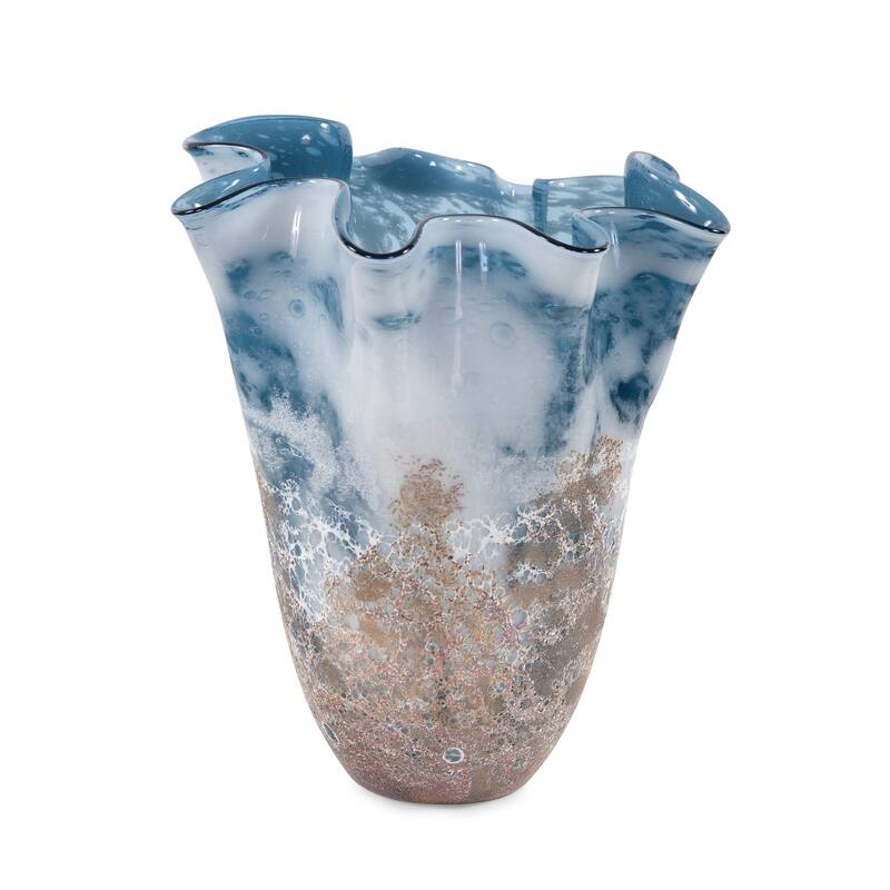 Allan Andrews Handmade Blue & Beige Seaside Decorative Ruffled Glass Vase