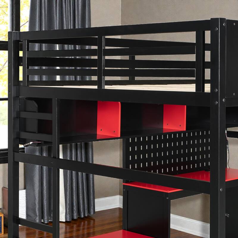 Full Size Wood Loft Bed with Desk, Shelves, LED Lights, USB Ports, Pegboard & Space-Saving Storage Design