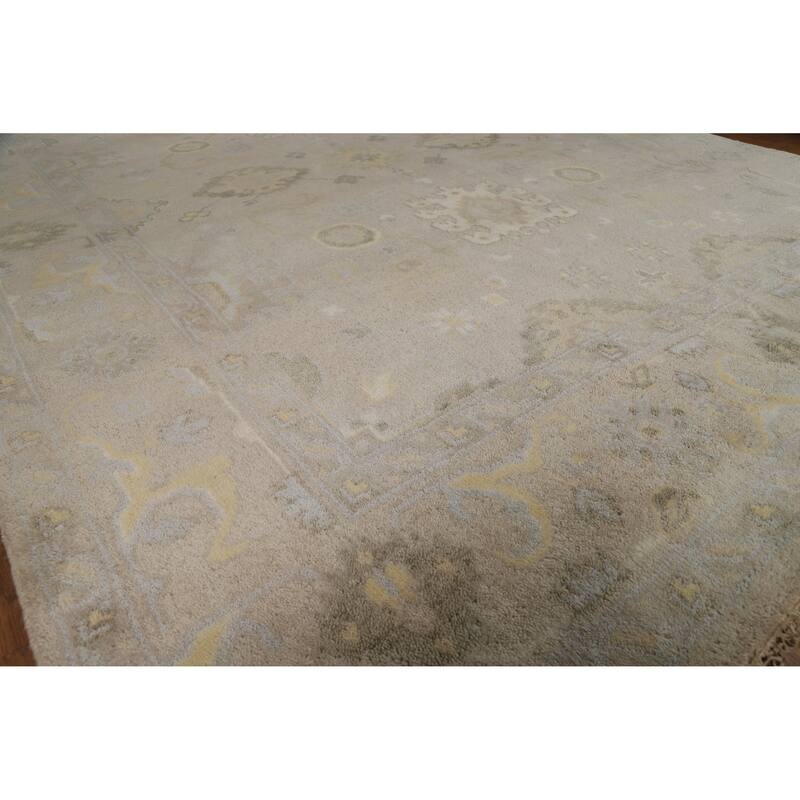 Geometric Beige Oushak Indian Area Rug Hand-Knotted Wool Carpet - 7'10"x 9'10"