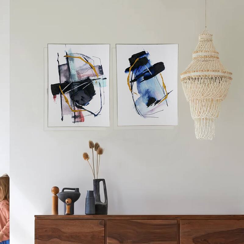24 x 32 Abstract Wall Art Set of 2, Black and Blue Painting, Silver Wood