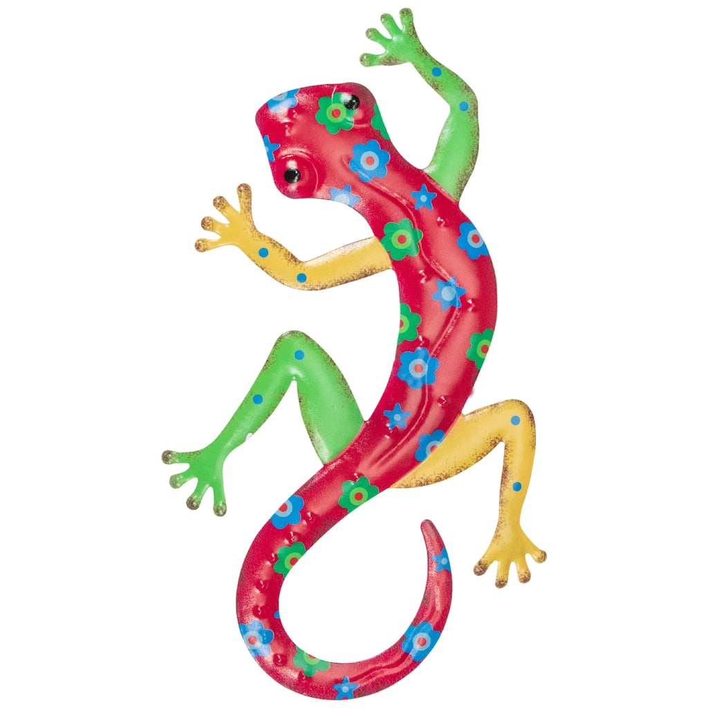 11.75" Red Floral Metal Lizard Outdoor Wall Hanging