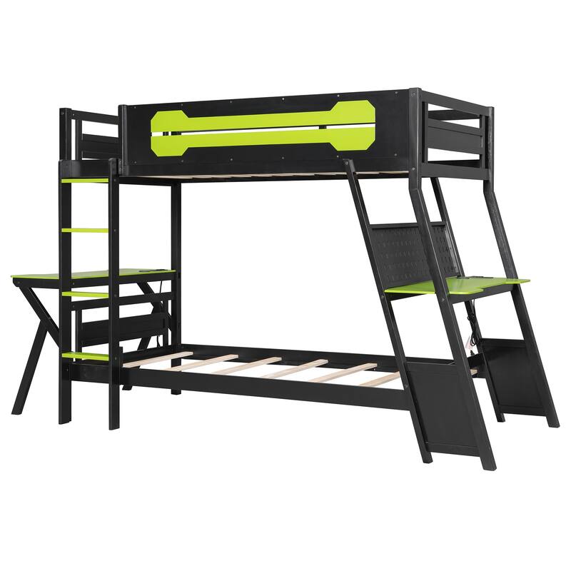 E-sports Inspired Bunk Bed with 2 Built-In Gaming Desks, USB Desktop Ports and Pegboard Organizer, Bunk Frame for Teens Gamer