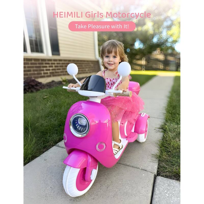 Girls Electric Motorcycle, 2-Seater Kids Motorcycle,12V Ride On Scooter for Kids, Cute Design with Stable 3-Wheel, Ages 3-6