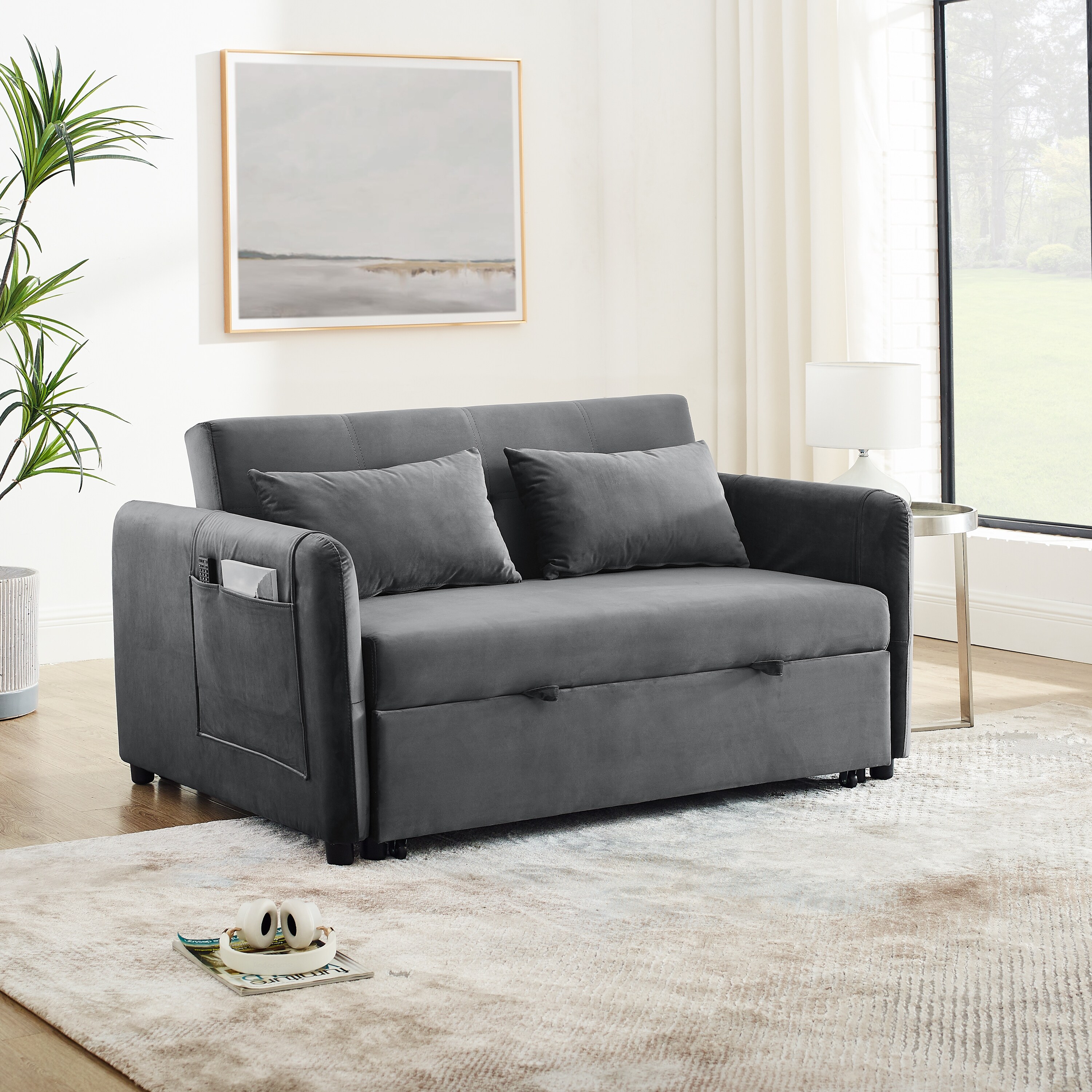 Modern Convertible Sofa Bed with Adjustable Backrest and 2 Lumbar Pillows,  Velvet Loveseat Sleeper Sofa Couch with Pull-Out Bed for Small Spaces