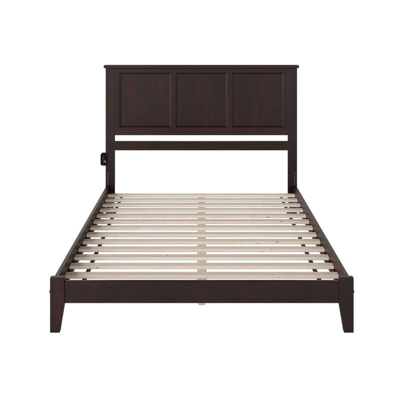 Low Profile Platform Bed - Espresso Wood Slat Bed Frame with Footboard - Beach Style Design