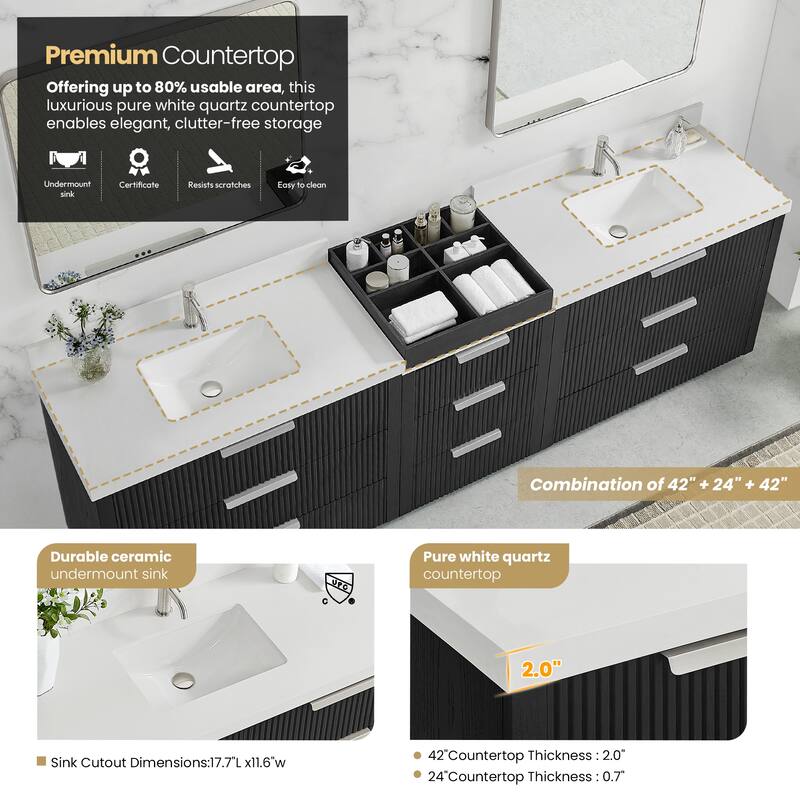 Santarem Double Vanity with Pure White Quartz Stone Top without Mirror
