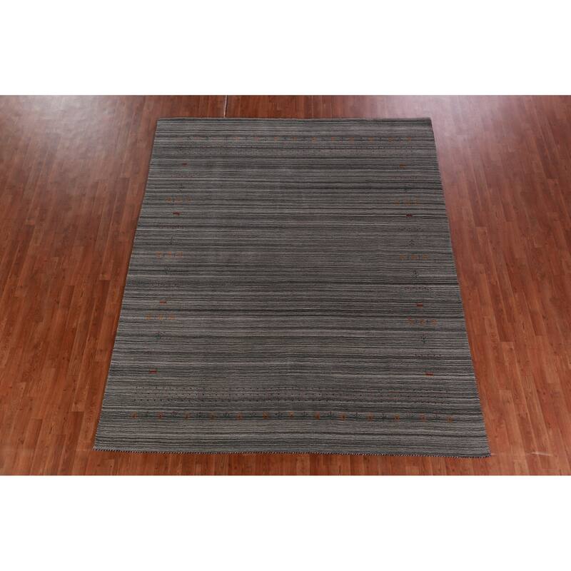 Hand Knotted Oriental 100% Wool Carpet Tribal Stripe Greys & Charcoal Gabbeh Area Rug - 9' 9'' X 8' 1''