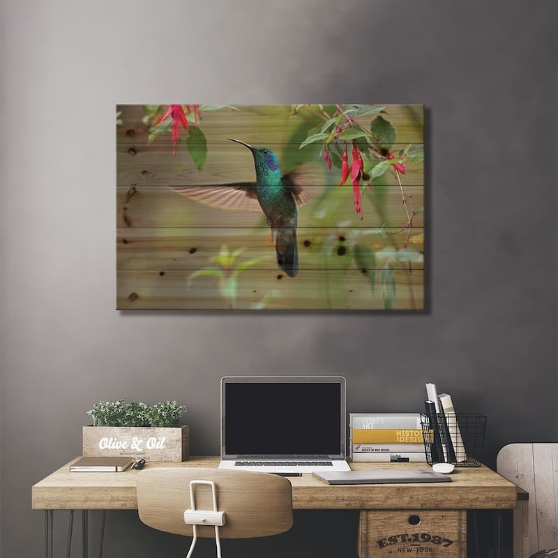 Green Violet-Ear Hummingbird Foraging, Costa Rica Print On Wood by Tim Fitzharris - Multi-Color