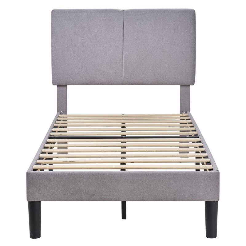 Javlergo Upholstered Platform Bed Frame with 2 USB Charging Station & Adjustable Headboard, Kids Bed Set of 2