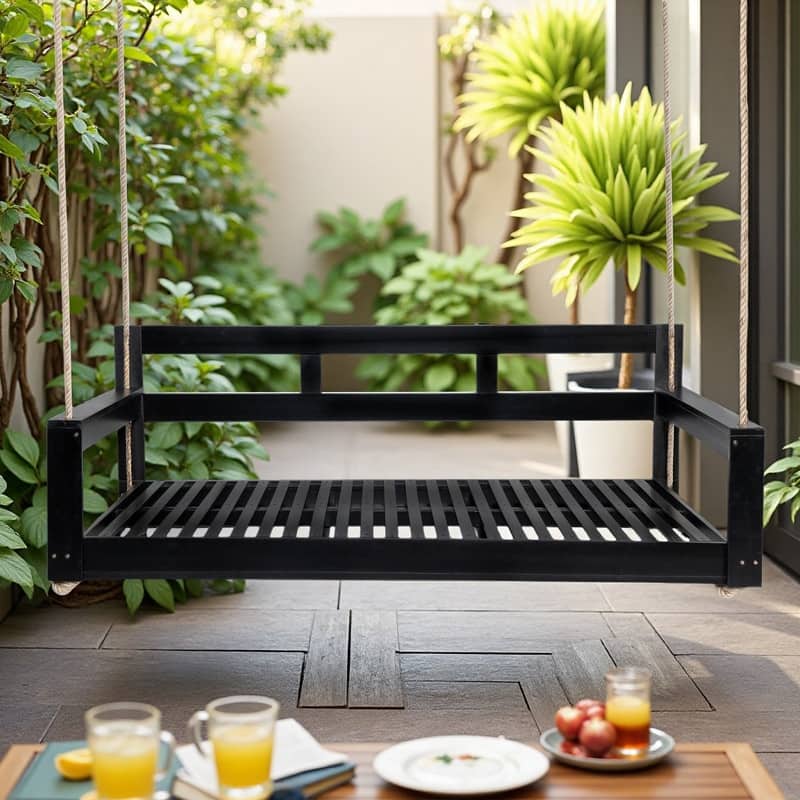 Acacia Wood Porch Swing Daybed with 4 Hanging Ropes Twin Size Outdoor Swing Bed, 350lb Capacity - Black